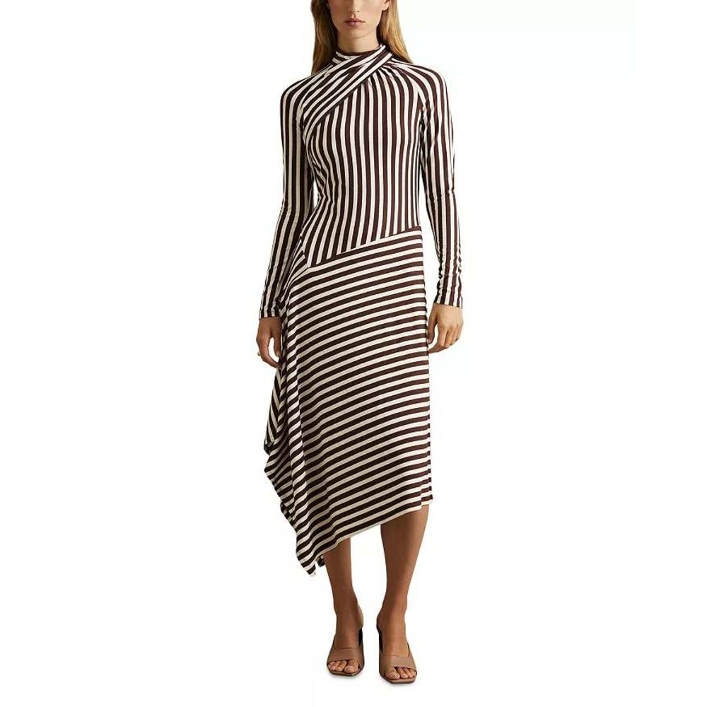 Reiss Cat Brown Cream Striped Asymmetrical Midi Dress High Neck Long Sleeve